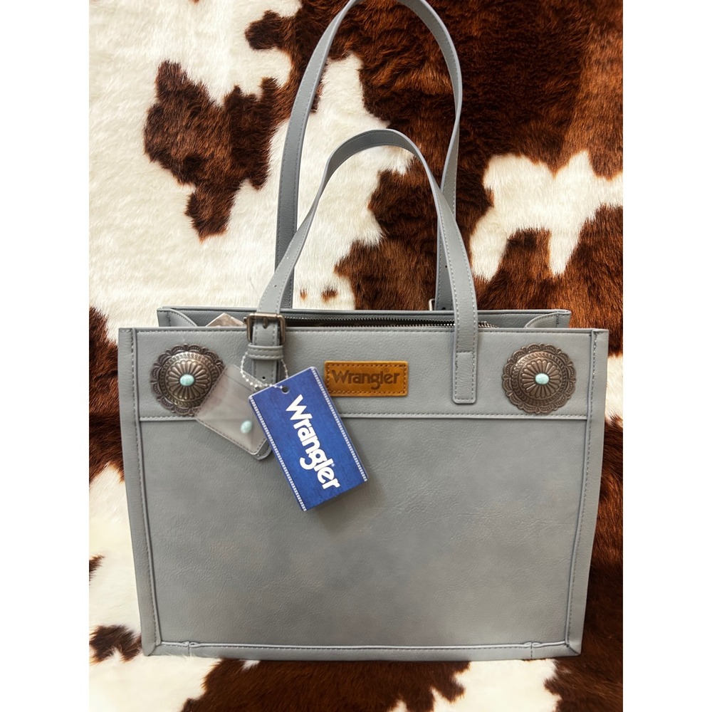 Wrangler Grey Vegan Leather Western Tote‎ Bag Concho Turquoise Detail NWT